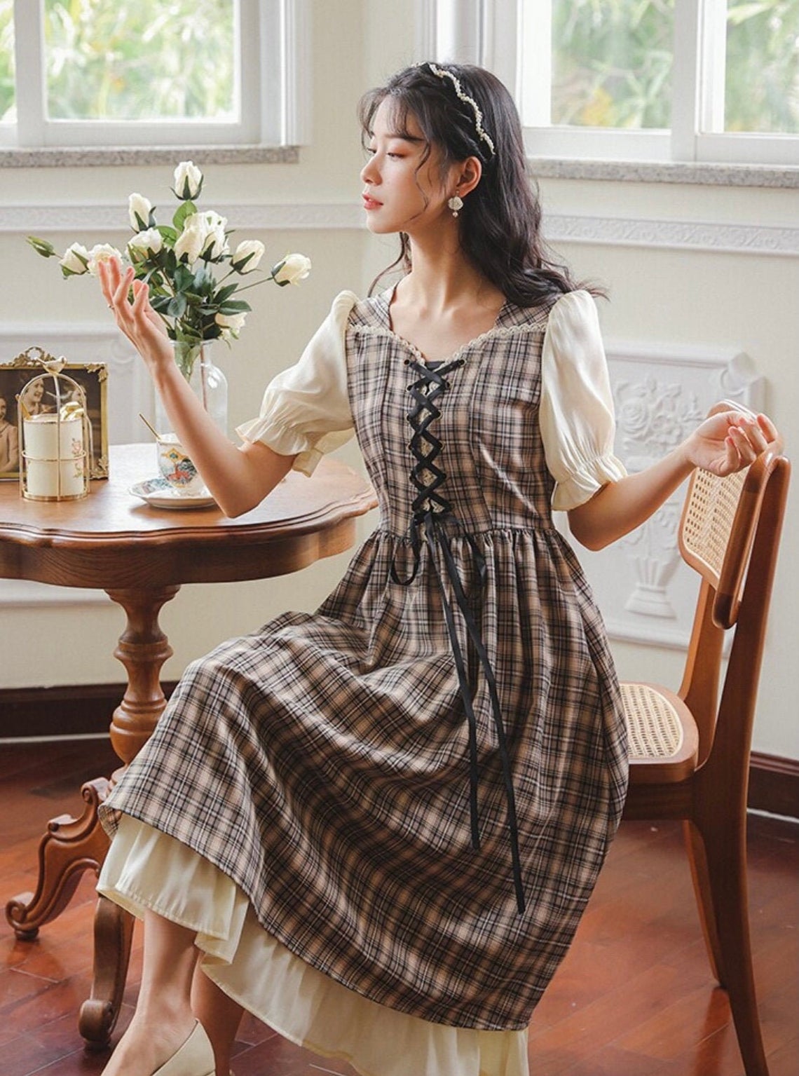 Cottage Core Dress- Prairie Dress-french Maid Dress- Mini Plaid Dress- Casual Women Dress- Women Summer Dresses-victorian Dress-french