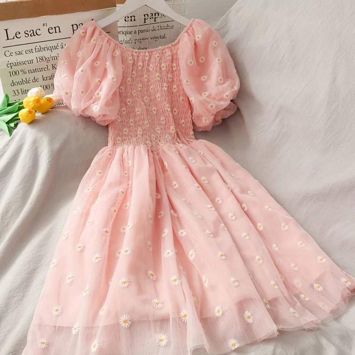 Cottagecore Daisy Milkmaid Puff Sleeve Cute Strawberry Fairy Y2k Kawaii Birthday Party Women Summer Dress,aesthetic Lolita Dress,pl4721