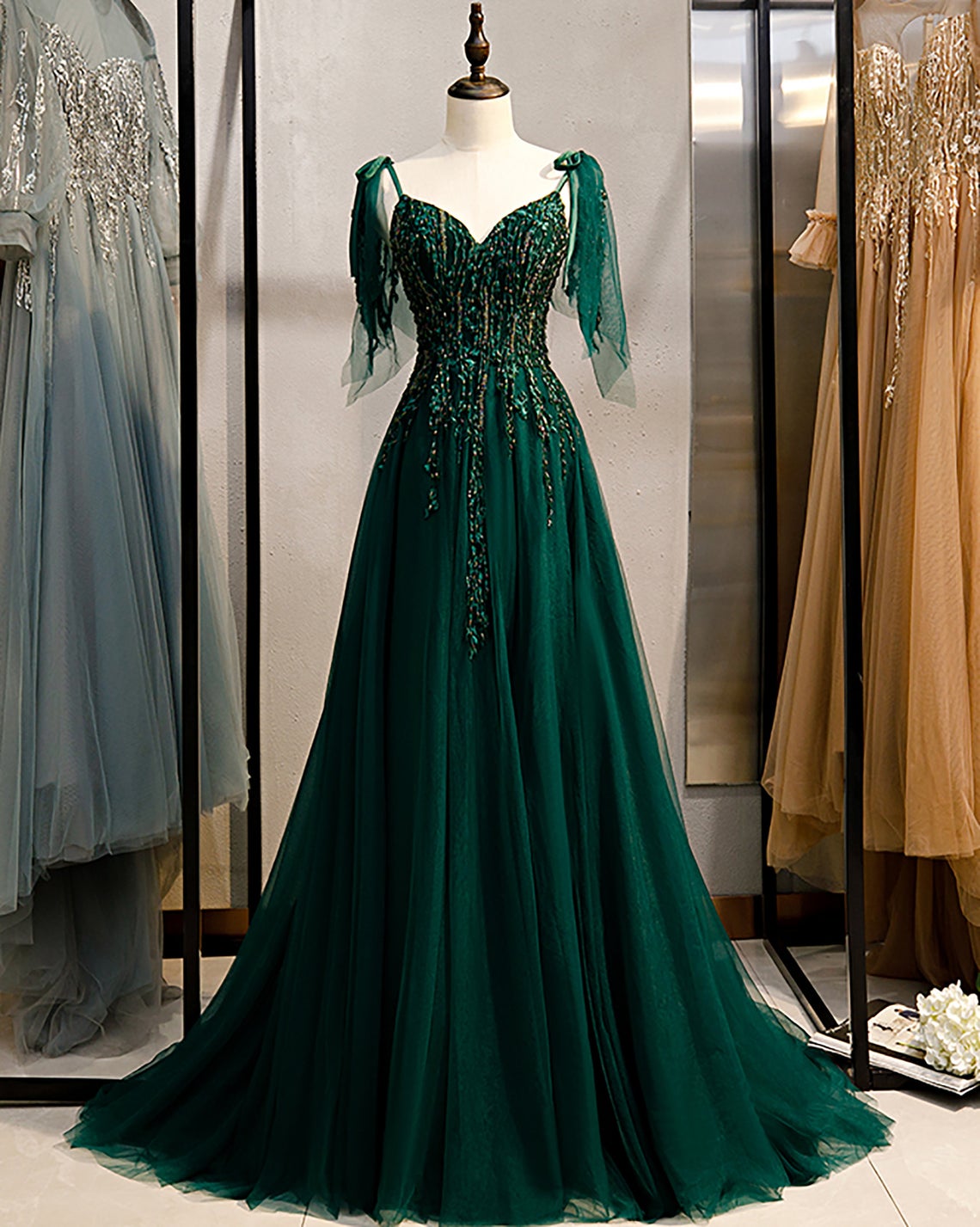 Off the Shoulder Emerald Green Satin Long Prom Dresses with Leg Slit, –  jbydress