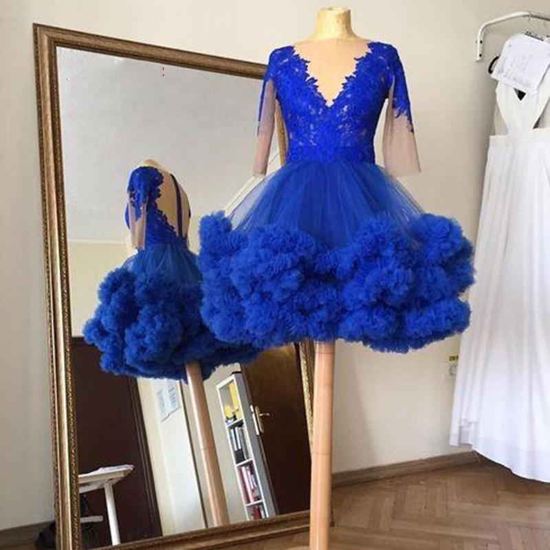 Royal Blue Short Prom Homecoming Dresses With Long Sleeve 2021 Lace Ruffles  Tutu Skirt V Neck Illusi on Luulla