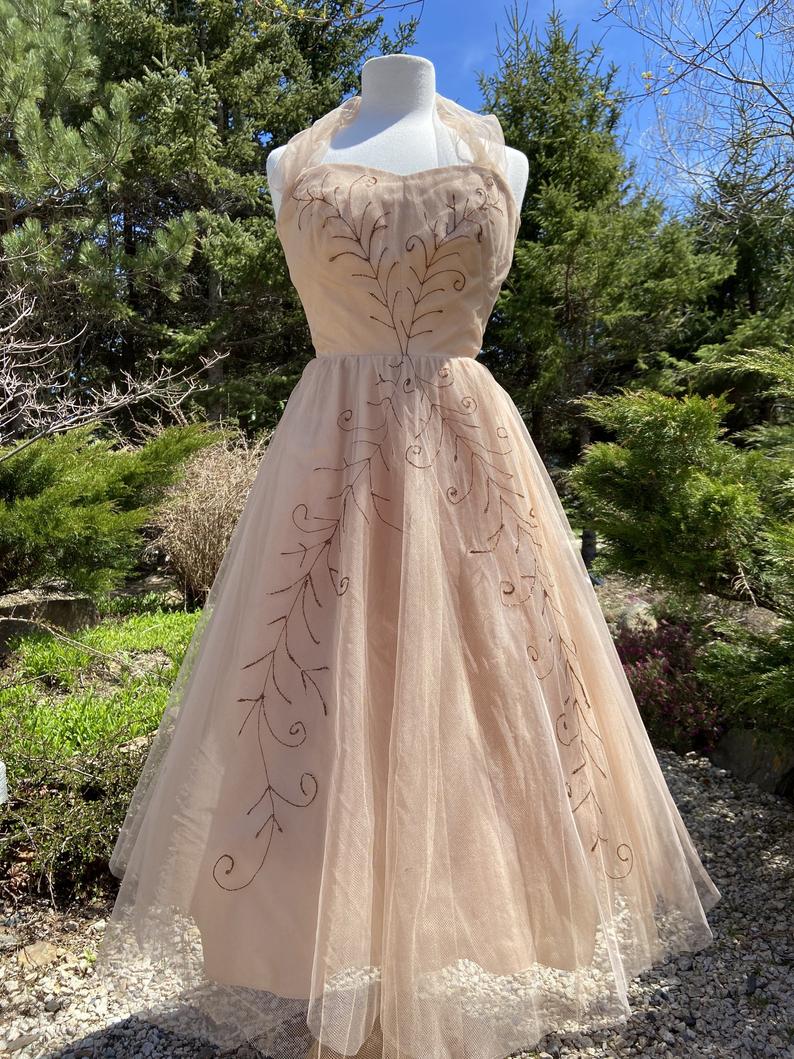 Vintage 1950s Hand Painted Taupe Prom Dress,pl4776