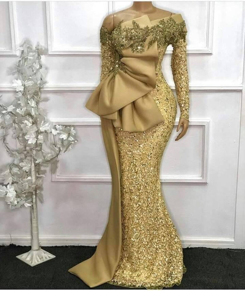Long Fitted Gold Sequins Dress, Wedding Reception Gown, Shimmery Prom Dresses, Bridal Dresses, African Women Party Dress,pl4777