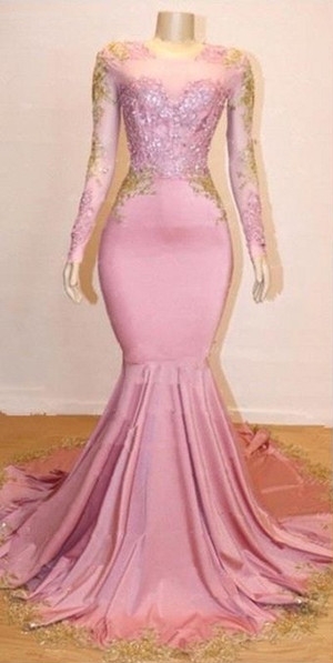 Sexy Pink V-Neck Mermaid Appliques Long Sleeves Prom Dress main image 1