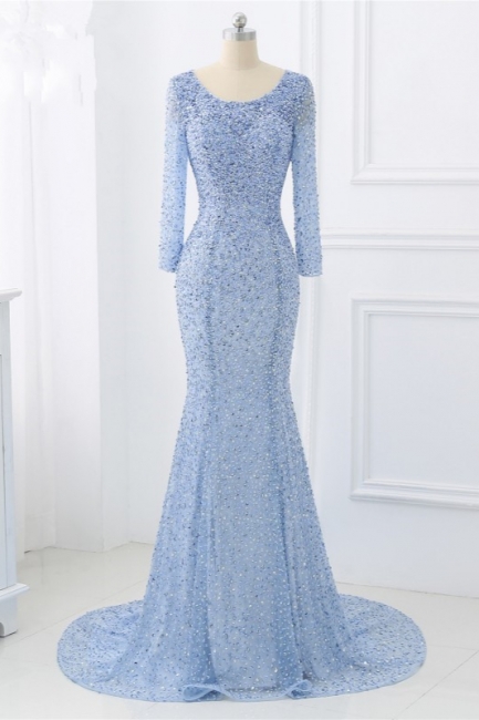 Elegant Light Blue Beaded Round Neckline Fitted Prom Dresses With Long Sleeves,pl4803