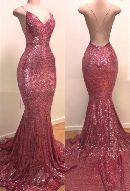 Sexy Pink Spaghetti Strap V Neck Sequins Mermaid Prom Dresses | Criss-cross Long Evening Dresses,pl4832