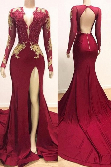 Sheer Long Sleeve Deep V Prom Dress