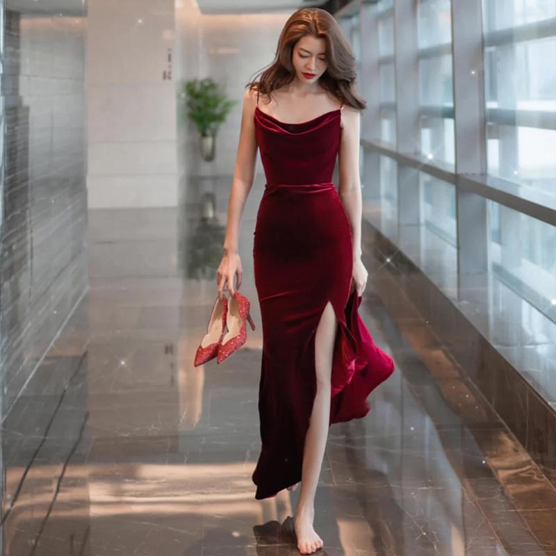 Sexy Halter Burgundy Mermaid Tulle Sequin Slit Without Sleeves Long Prom Dress, Evening Dress C6510