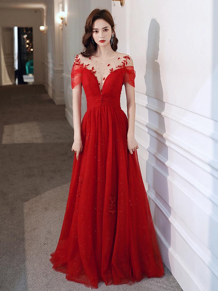 Red Tulle Sweetheart Elegant Long Formal Dress, Red Party Dress Wedding Party Dress,pl4857