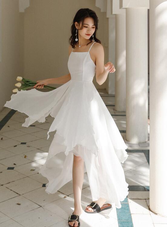 White Chiffon High Low Chic Simple Wedding Party Dress, White Short Prom Dress Graduation Dress,pl4861