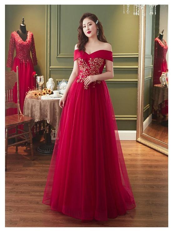 Red Plus Size Tulle Off Shoulder Long Evening Dress, Red A-line Prom Dress Formal Dress,pl4864