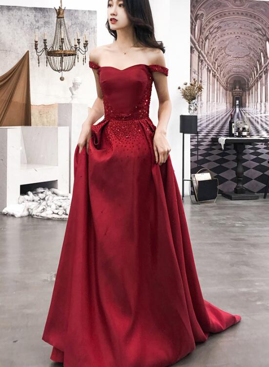 Burgundy Satin Long Sweetheart Beaded Evening Dress, Wine Red Prom Dress,pl4868