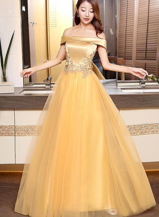 Beautiful Gold Off Shoulder Long Tulle Junior Prom Dress, Lace-up Evening Dress,pl4869