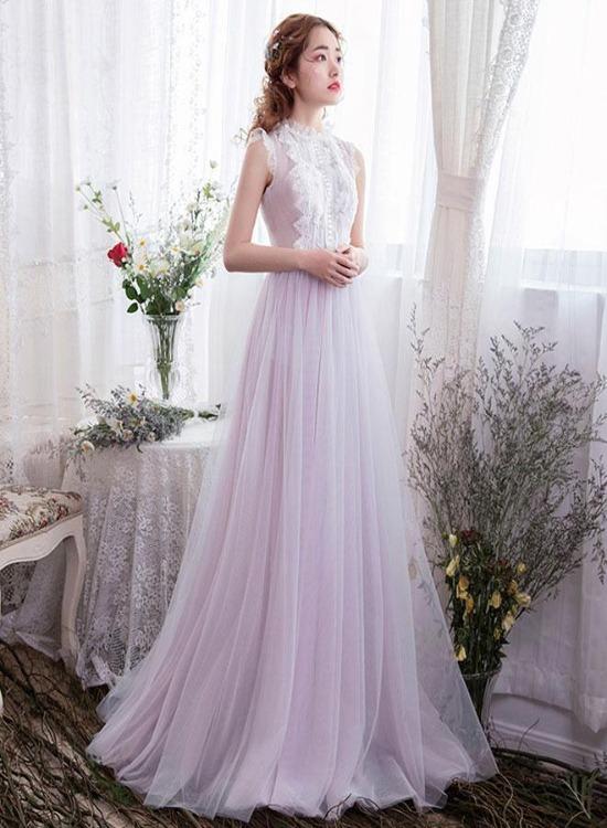 Light Lavender Tulle With Lace Long Evening Dress, Elegant Prom Dress Formal Dress,pl4923