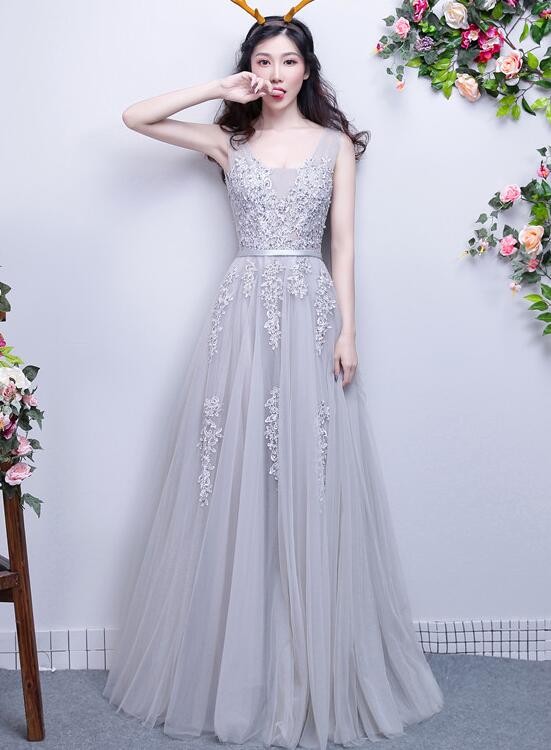 Light Grey Lace Appique Long V-neckline Party Dress, A-line Tulle Prom Dress Bridesmaid Dress,pl4925