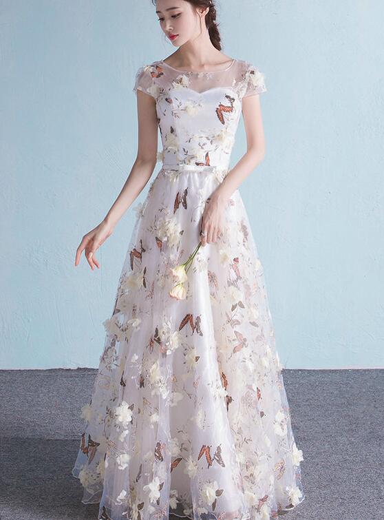 Elegant Flowers Tulle Cap Sleeves Prom Dress, A-line Long Prom Dress,pl4930