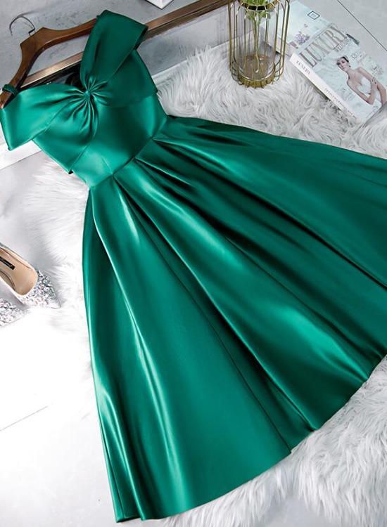 Green Satin Short Sweeetheart Off Shoulder Dress, Green