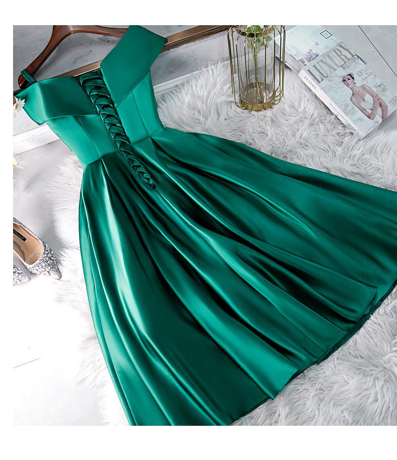 Green Satin Short Sweeetheart Off Shoulder Dress, Green