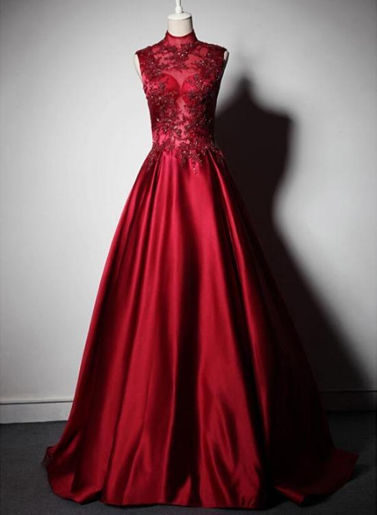 Wine Red Satin Lace Beaded High Neckline Long Party Dres, Dark Red Floor Length Prom Dress,pl4937