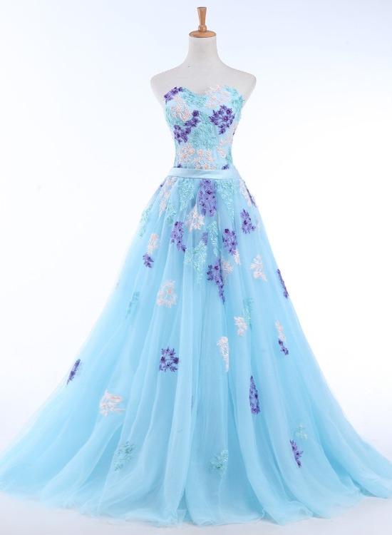 Light Blue Tulle Sweetheart Long Party Dress, Blue A-line Formal Dress With Lace Applique,pl4939