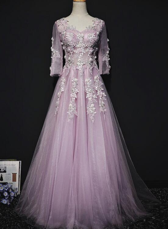Pink Long Sleeves Tulle With Flowers V-neckline Prom Dress, A-line Pink Bridesmaid Dress Party Dress,pl4940