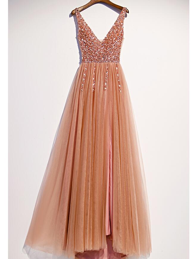 Pearl Pink Beaded Slit V-neckline Long Junior Prom Dress, Pink Evening Dress,pl4944