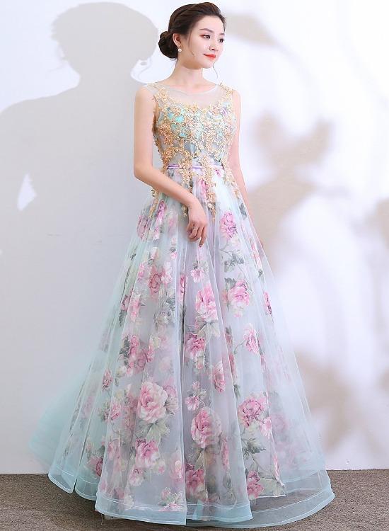Beautiful Floral Tulle And Lace Long Party Dress, A-line Evening Dress,pl4949