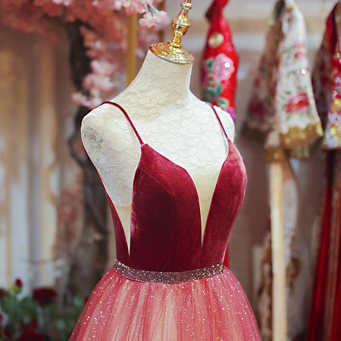 Dark Red Tulle with Lace Long Sleeves Party Dress, A-line Dark Red Prom Dress