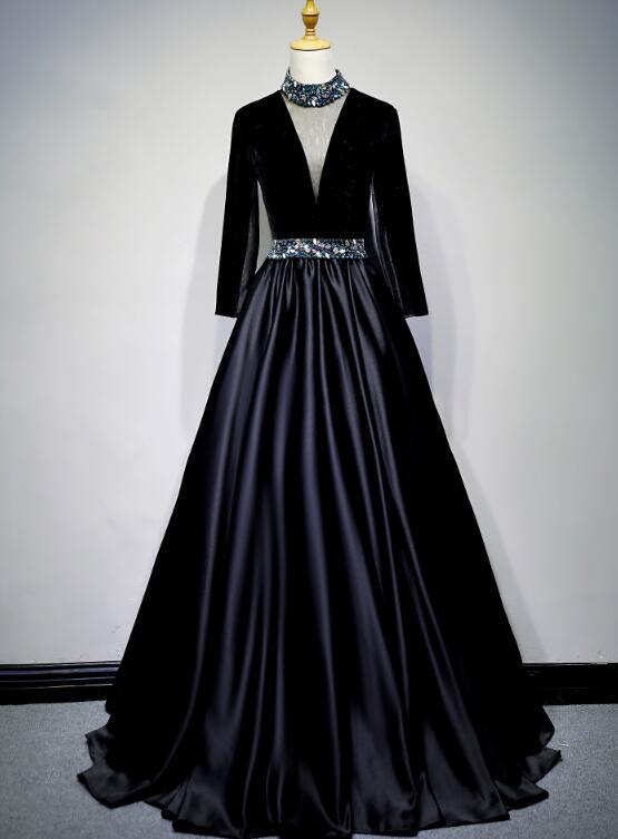 Black Satin And Velvet Long Sleeves Party Gown, Long Evening Dress,pl4961
