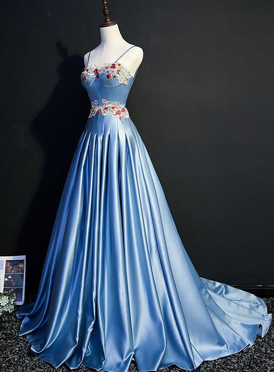 Blue Sweetheart Satin Long Party Gown With Straps, Blue Prom Dress 2022,pl4964