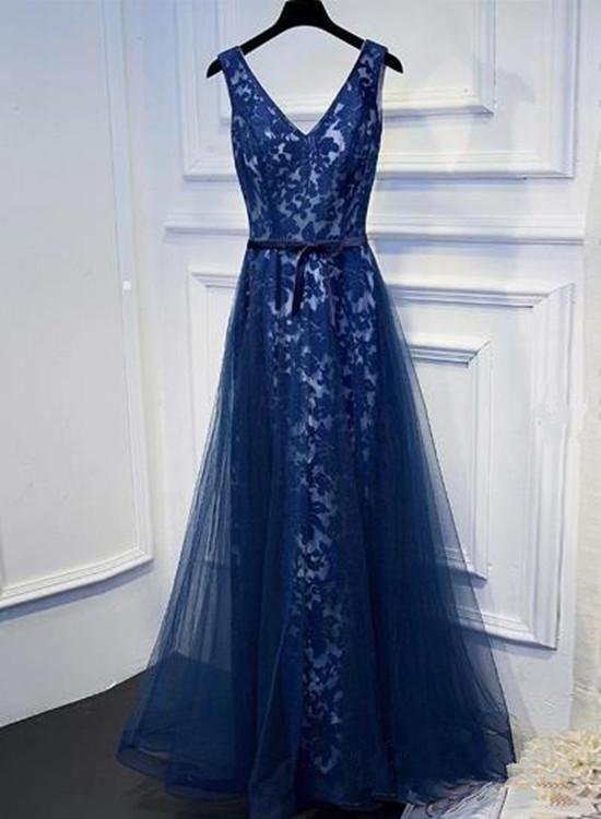 Navy Blue Lace Long V-neckline Prom Dress, A-line Party Dress,pl4967