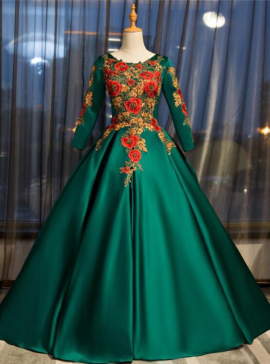 Dark Green Satin Long Ball Gown Sweet 16 Dress, Green Prom Dress,pl4969