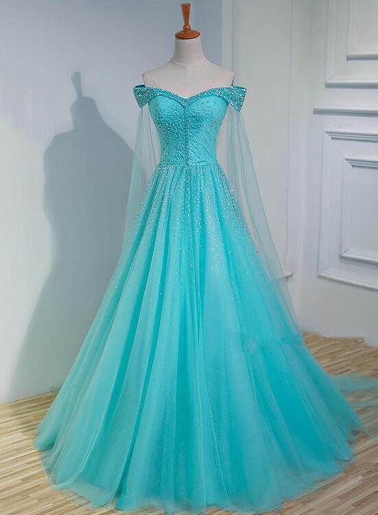 Charming Blue Beaded Sweetheart Tulle Long Party Gown, Quinceanera Dress,pl4970