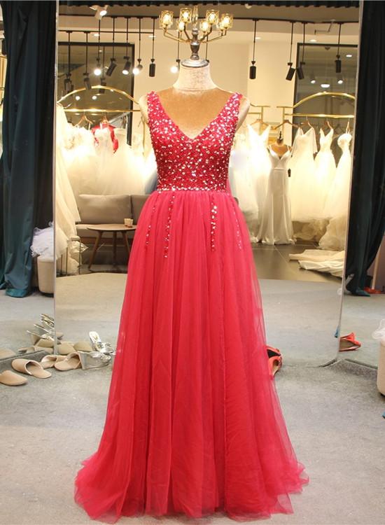 Beautiful Red Tulle Long Prom Dress 2022, A-line Beaded Party Dress,pl4981
