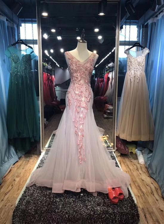 Gorgeous Pink Mermaid Tulle Long Party Dress With Flower Embroidery ...