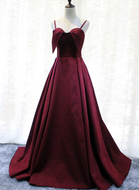 Wine Red Satin Straps A-line Long Party Dress, Beautiful Wine Red Prom Dress