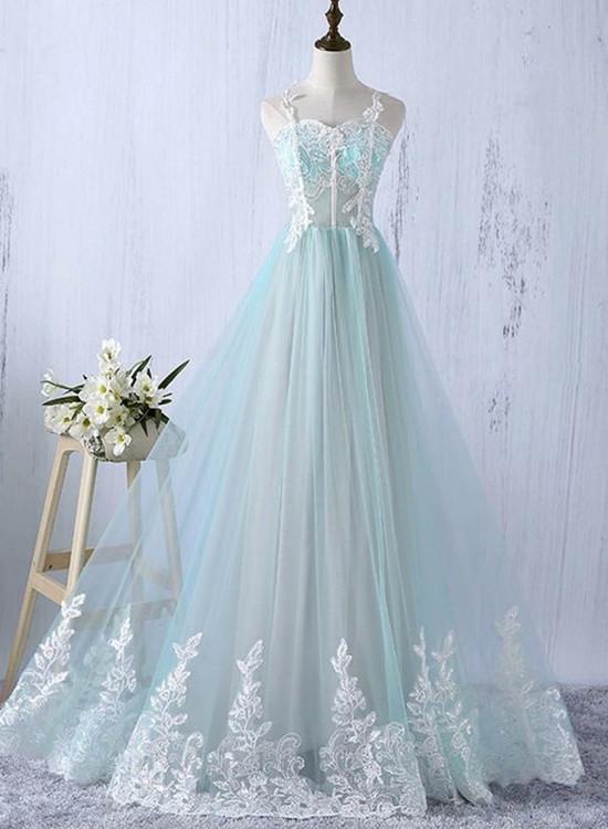 Elegant Mint Tulle A-line Straps Floor-length Appliques Long Simple Prom Dress, Wedding Party Dress,pl4993