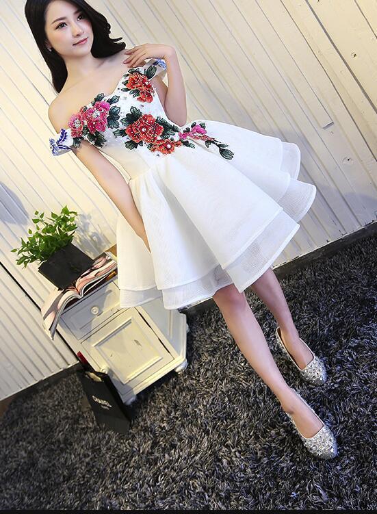 White Off Shoulder Short Party Dress With Embroidery, Lovely Graduation Dresses,pl4999
