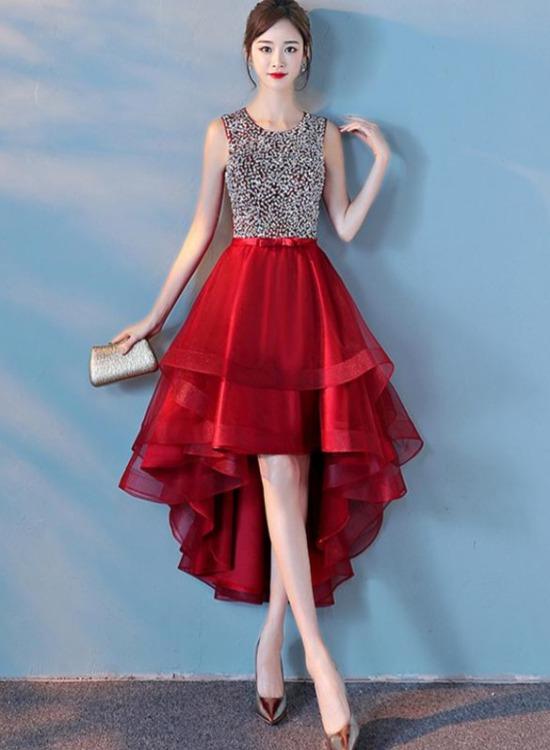 Wine Red Sequins Tulle High Low Round Neckline Party Dresses, Dark Red Homecoming Dresses,pl4510