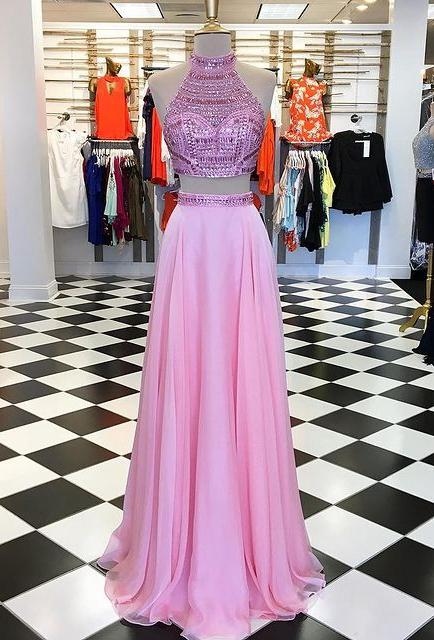 Two Pieces Long Prom Dresses With Beading,formal Dress,evening Dresses,pl4527