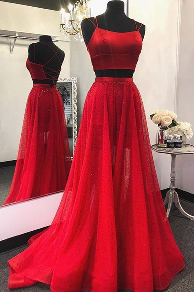Red Two Pieces Sparkly Long Prom Dresses,pl4571