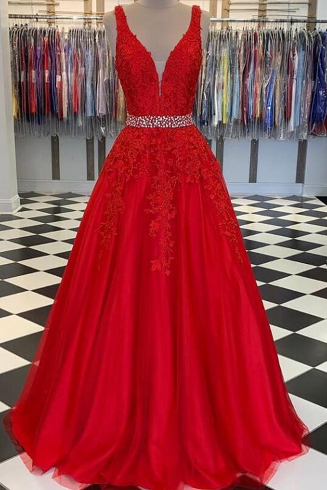 V-neck Tulle Long Prom Dresses With Appliques And Beading,pl4577