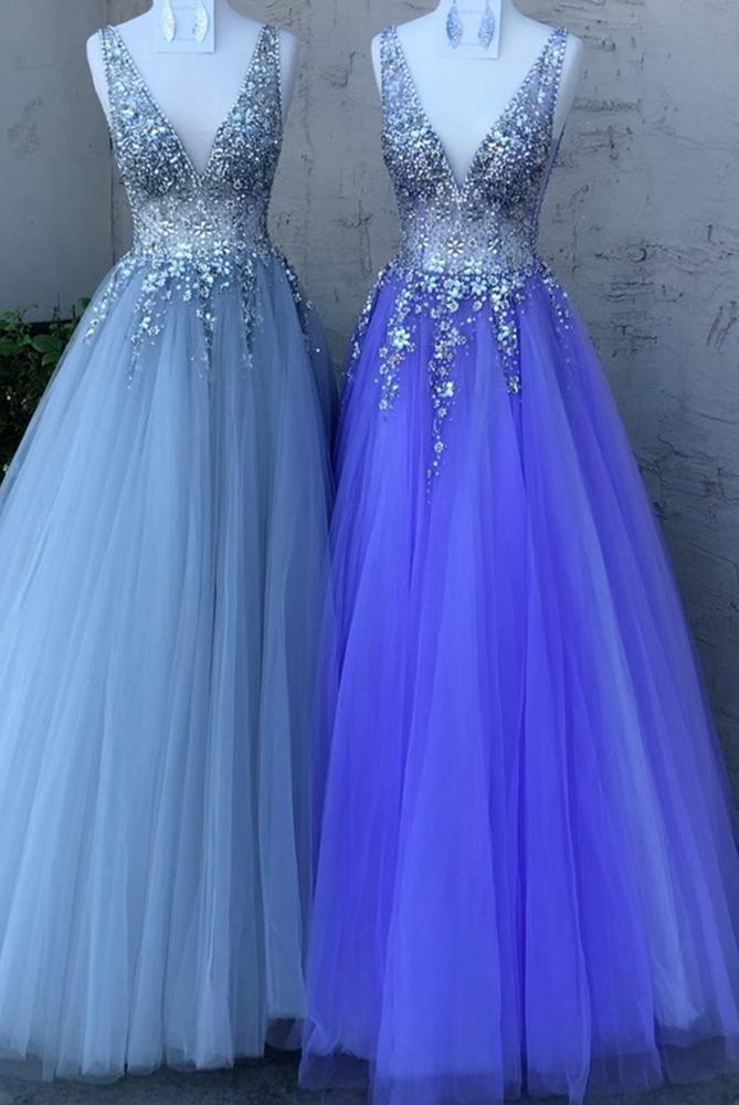 2021 V-neck A-line Prom Dresses Long With Beading,pl4589
