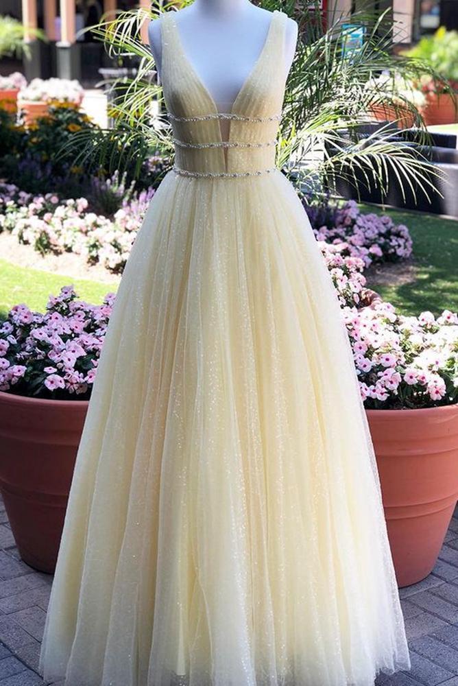 Yellow Sparkly Prom Dresses Long With Beading,pl4591