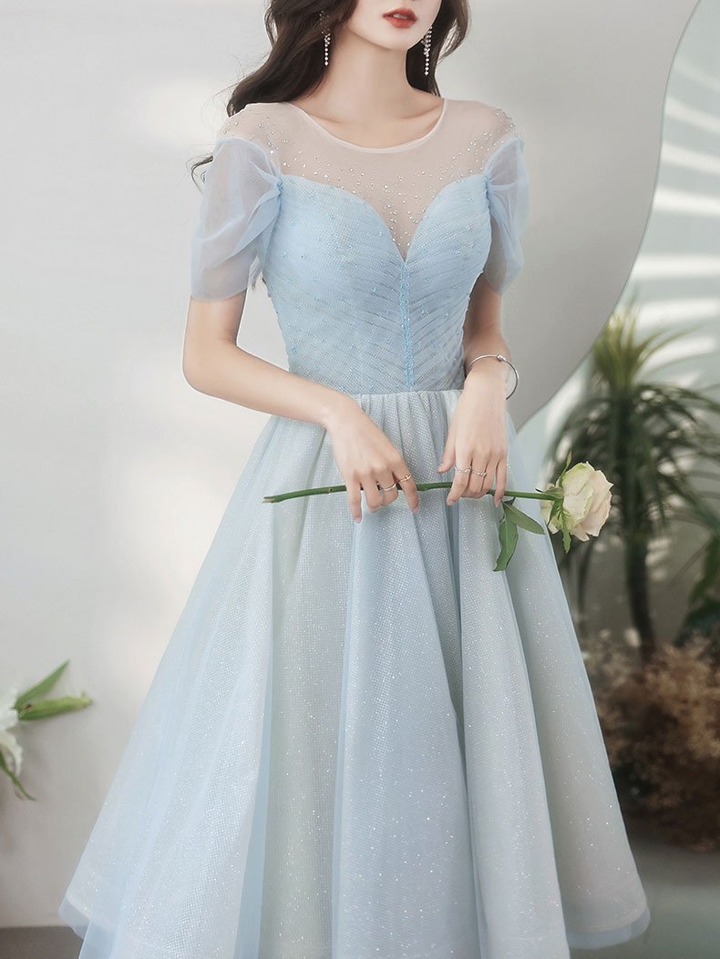 Blue Round Neck Tulle Short Prom Dress, Blue Homecoming Dress,pl4594