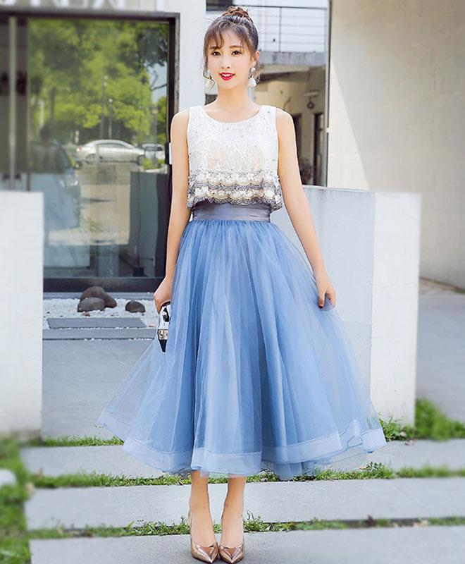Blue Lace Tulle Tea Length Prom Dress, Homecoming Dress,pl4631