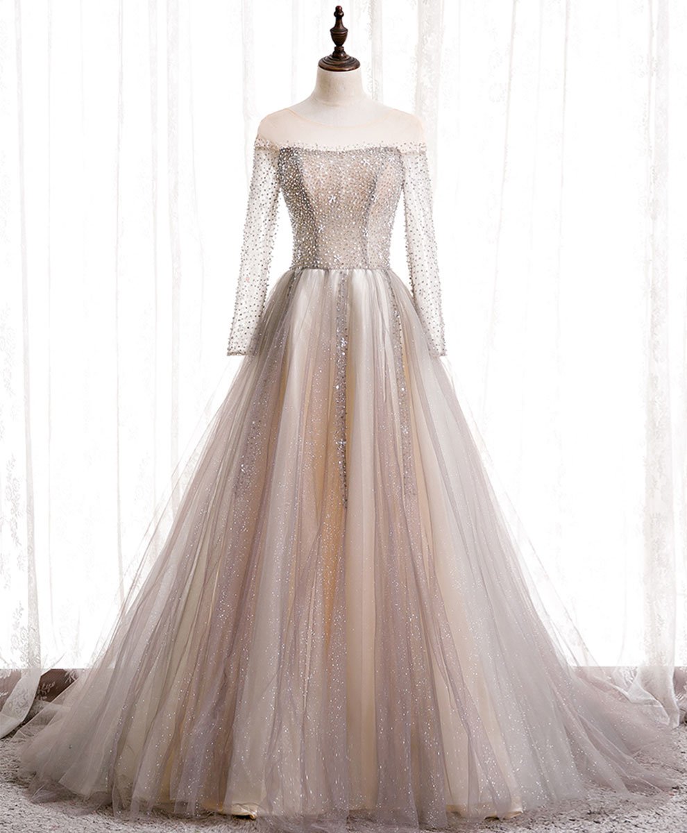 Light Champagne Tulle Sequin Long Prom Dress Sequin Evening Dress,pl4651