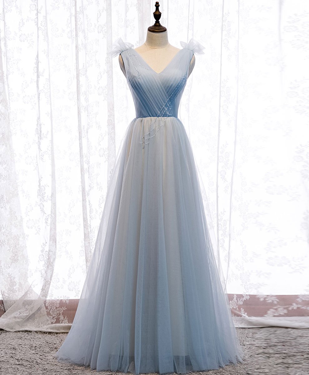 Simple Blue V Neck Tulle Long Prom Dress Blue Formal Dress,pl4665