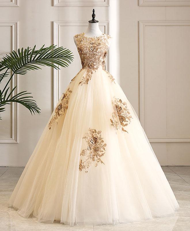 CHAMPAGNE TULLE LACE LONG PROM DRESS, CHAMPAGNE EVENING DRESS,DS3396