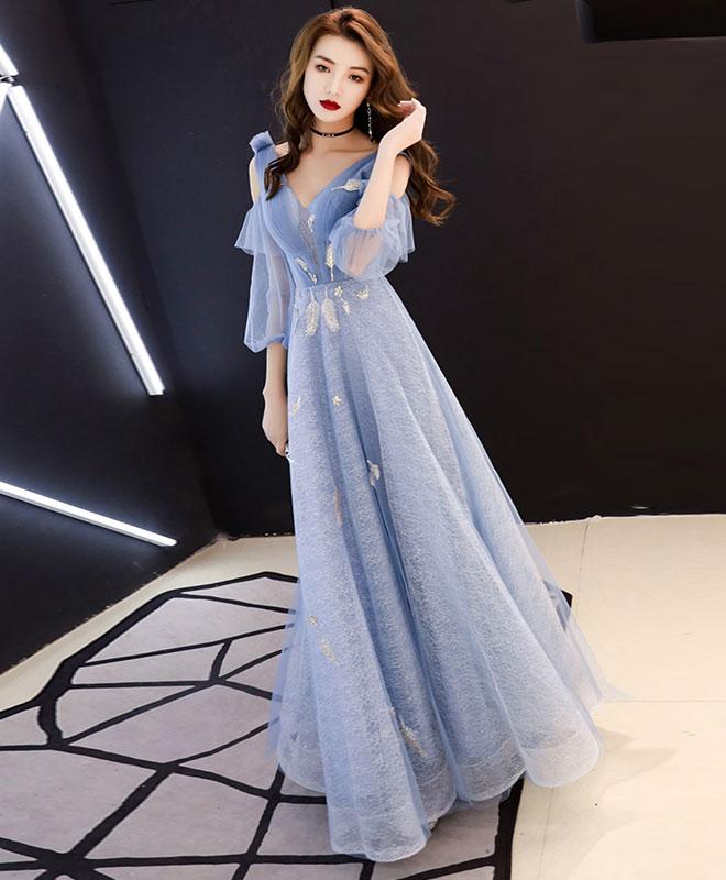 Blue V Neck Tulle Lace Long Prom Dress, Blue Evening Dress,pl4701