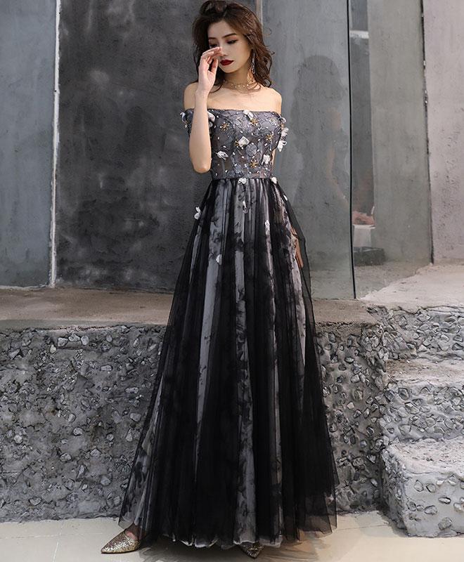 Black Tulle Lace Long Prom Dress, Black Tulle Evening Dress,pl4720